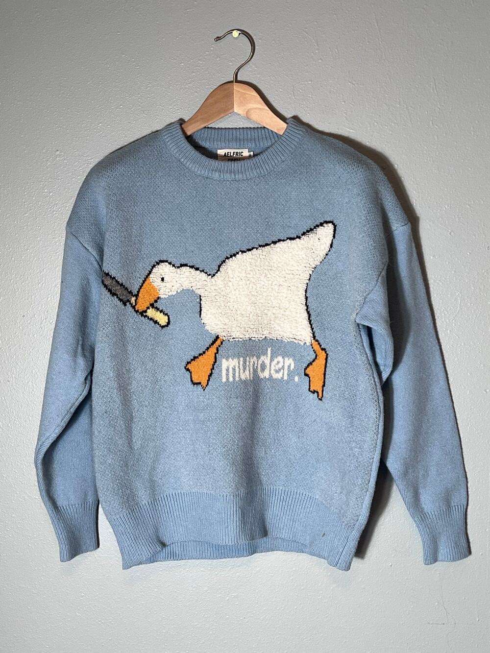Aelfric Eden Goose Murder Sweater Blue Knit Crewneck Unisex Funny Meme Sz M Cozy